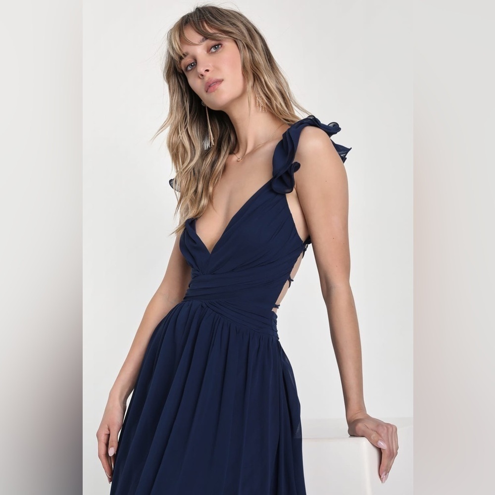 Size S - Lulus Soiree Celebration‎ Navy Blue Ruffled Lace-Up Maxi Dress - Picture 5 of 8